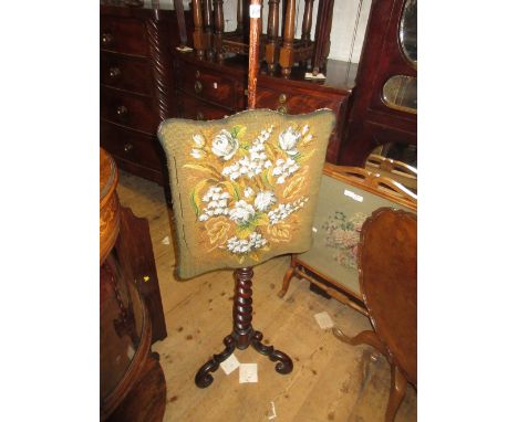 19th Century glass beadwork and woolwork pole screen on a barley twist column and tripod support