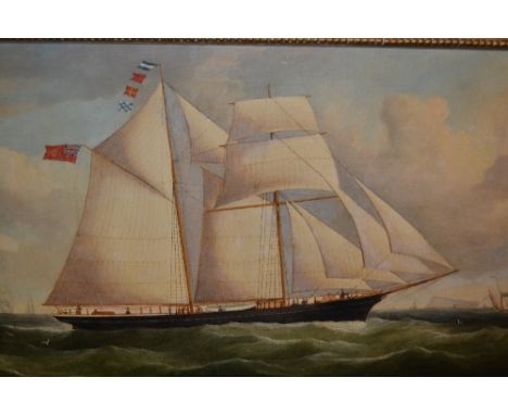 W.B. Spencer, oil on canvas, portrait of the Tankerton Tower under sail off a coastline, chalk cliffs and a harbour in the di