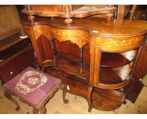 19th Century rosewood floral inlaid credenza base, the shaped front with central pilastered shelf flanked by two bow glazed d