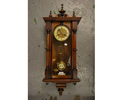 Small 19th Century walnut cased Vienna type wall clock with enamel dial and two train movement