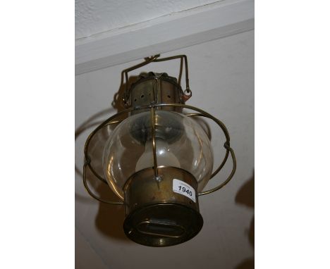 Hanging brass lantern form light fitting and a small French hanging ceiling light with etched glass shade