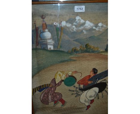 Japanese textile picture of figures in a landscape together with a modern Chinese print, portrait of a boy in a box frame