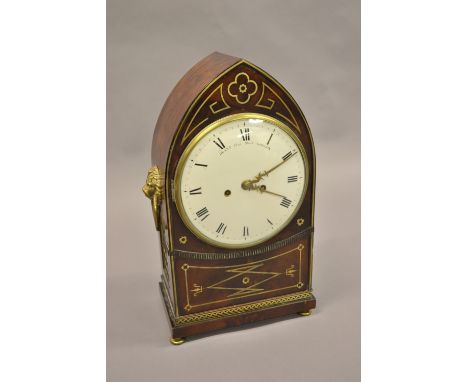 Regency brass inlaid mahogany lancet clock, the enamel dial with Roman numerals, inscribed Grant, Fleet Street, London, with 