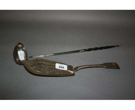 Early 19th Century silver Fiddle pattern fish slice and a silver toddy ladle with whale bone handle