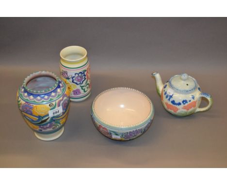 Poole, Carter, Stabler vase, 7ins high together with two other items of Poole Pottery and a hand painted Kensington teapot