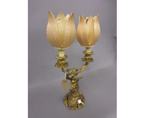 Good quality late 19th or early 20th Century gilt brass twin light candelabra in the form of seated putto supporting a flower