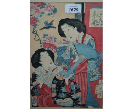 19th / 20th Century Japanese wood block print of two geishas, 12ins x 8.25ins 