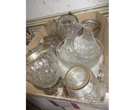 Miscellaneous glass ware to inlcude: cut glass jug and basin, vases, decanters, biscuit barrels etc