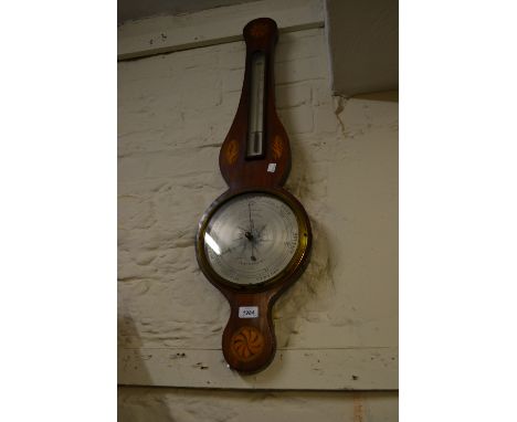 George III mahogany shell and chequer inlaid wheel barometer / thermometer with silvered dials inscribed ' Renke T.H. Holborn