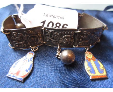 Russian cast white metal bracelet with enamel decorated drops