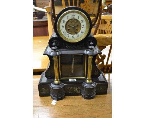 Large 19th Century French black slate and gilt brass mounted mantel clock, the enamel dial with Arabic numerals and visible e