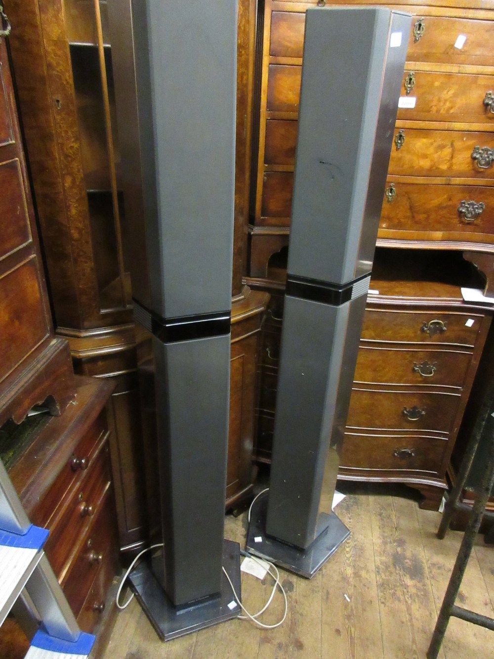 Pair of Bang and Olufsen tower speakers, a turntable and music centre