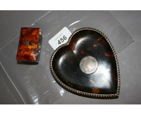 Miniature tortoiseshell box in the form of a tea caddy together with a silver mounted tortoiseshell heart shaped dish