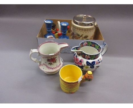 19th Century floral decorated lustre cream jug, another 19th Century floral decorated cream jug, childrens ' Humpty Dumpty ' 