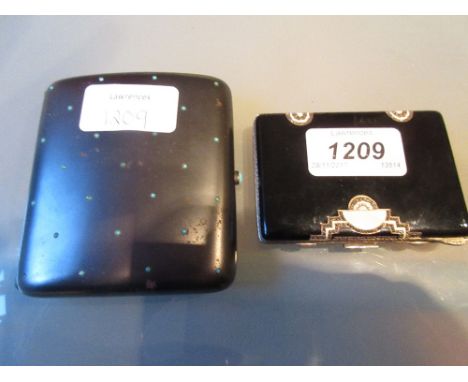 Continental silver gilt and black enamel Art Deco compact and a gun metal cigarette case set turquoise