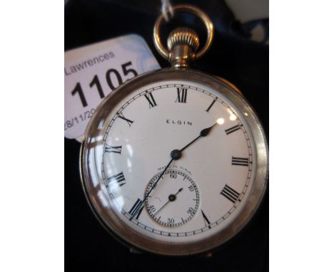 Elgin gold plated crown wind open face pocket watch, the enamel dial with Roman and Arabic numerals with subsidiary seconds