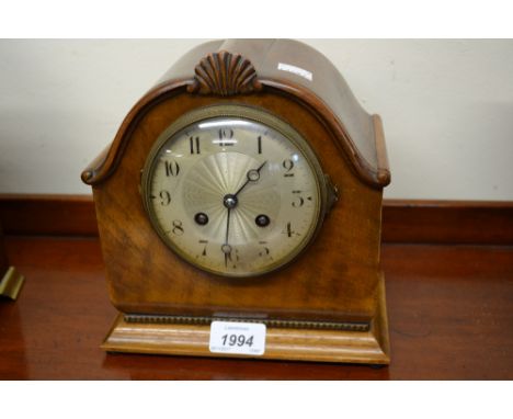 Small reproduction burr walnut bracket clock, the gilded and silvered dial with Roman numerals, the two train movement striki
