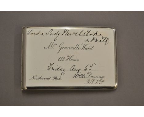 Rare late 19th or early 20th Century white metal and enamel visiting card case, the font in the form of a handwritten and pri