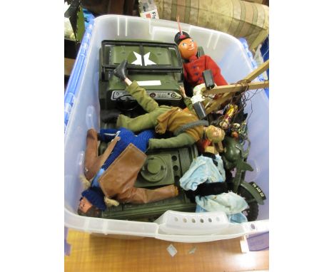 Action Man jeep, various Action Man dolls and accessories together with three Pelham puppets