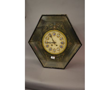 French ebonised and inlaid vineyard style two train wall clock, the 9in alabaster dial with Roman cartouche enamel numerals w
