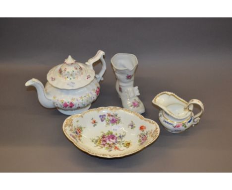 19th Century floral decorated and gilt cream jug, floral decorated porcelain teapot (a/f), floral decorated Dresden bowl and 