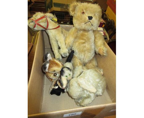 Box containing a quantity of various Steiff soft toy animals and a Chiltern articulated bear