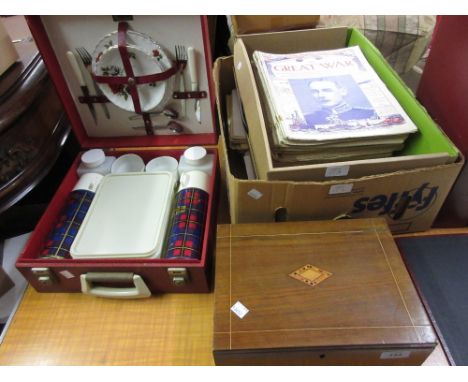 Walnut and parquetry inlaid work box, a picnic hamper and a quantity of ' War Illustrated Magazine ', World War I and II