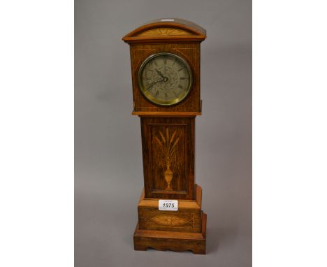 Edwardian rosewood boxwood marquetry inlaid miniature longcase clock, the silvered dial with Roman and Arabic numerals with a