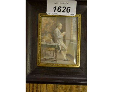 Rectangular miniature painting, an interior scene with a gentleman reading before a window, signed indistinctly, housed in a 