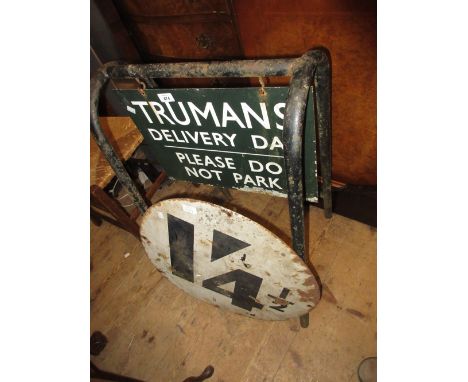 Early 20th Century painted enamel price sign, similar swing frame sign and a small accordion