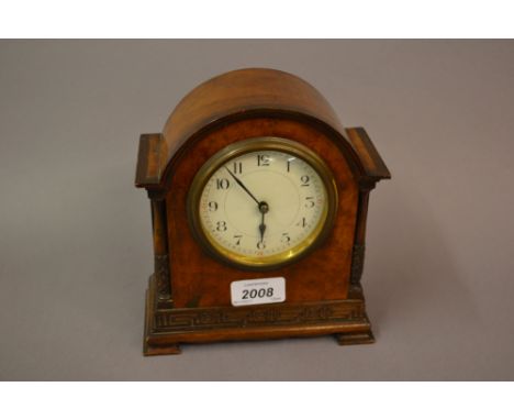 Small Edwardian walnut dome top mantel clock, the enamel dial with Arabic numerals