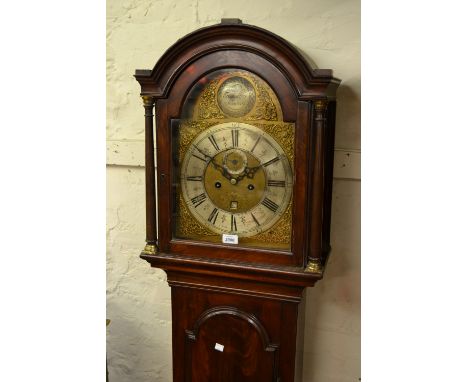 George III mahogany longcase clock, the arched hood flanked by turned columns above an arched door, the gilded and silvered d