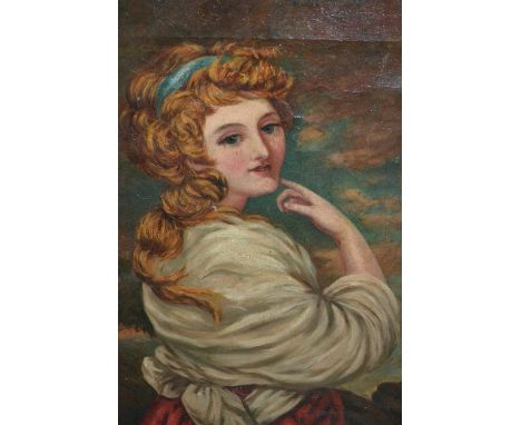 Oil on canvas, portrait of a girl, unframed together with an oil, still life and five various oils, landscapes