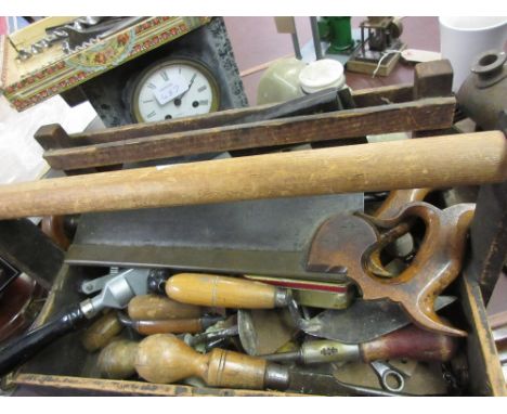 Small quantity of tools, black slate clock (a/f) and a stoneware hot water bottle