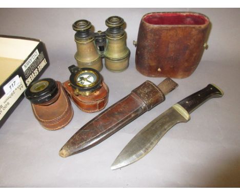 Sheath knife with leather scabbard, signed Holtzapefell and Co., London, together with a cased pair of field glasses and two 