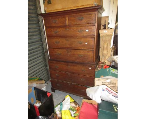 19th Century oak chest on chest having moulded cornice above two short drawers over three graduated long drawers and a furthe