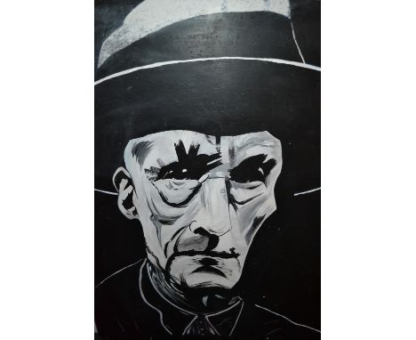 Large 20th Century monochrome painting on board, portrait of a figure wearing a wide brimmed hat (reputedly a prisoner painti