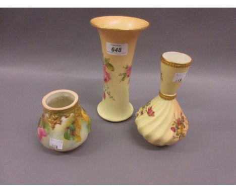 Royal Worcester blush ivory waisted vase hand painted with roses and other summer flowers, together with two similar smaller 