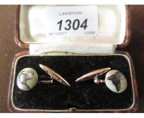 Cased pair of 9ct gold cufflinks, decorated with circular enamel painted portraits of dogs