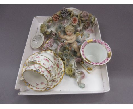 Pair of Royal Crown Derby cabinet cups and saucers, two Herend porcelain items and a cherub porcelain wall bracket (a/f)