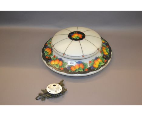 1920's Opaque white glass light bowl decorated with fruit