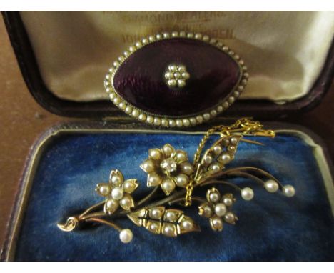 Victorian gold lily of the valley brooch set diamond and seed pearls in original fitted case, Victorian oval gold enamel deco