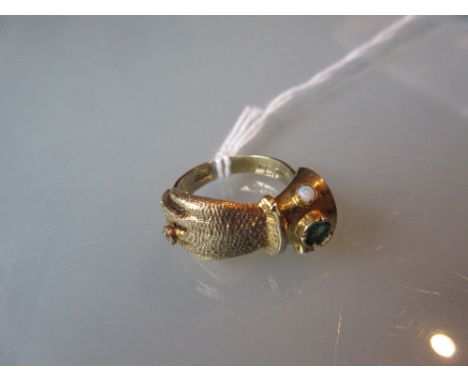 9ct Gold emerald, diamond and opal set ring in the form of a gloved hand