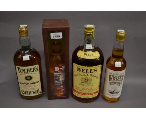 65th Anniversary D-Day bottle of Whisky in box, large bottle of Bell's Old Scotch Whisky, Canadian Rye Whisky and a bottle of