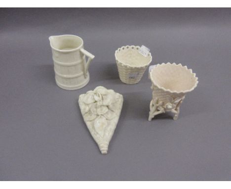 Two Bellek green stamped floral encrusted vases, a similar unmarked wall pocket and a Royal Worcester cream jug