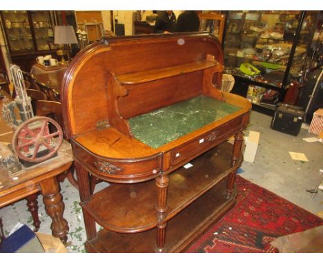 Unusual 19th Century whatnot / buffet, the hinged moulded top enclosing a fold-down shelf and marble insert, the frieze with 