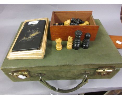 Japanese rectangular cigarette case, gold decorated with Mount Fuji, boxwood chess set and a green leather stationery case