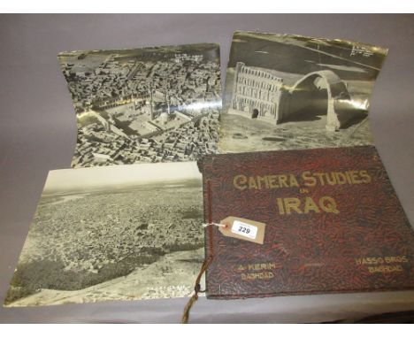 One volume ' Camera Studies in Iraq ' by Kerim Baghdad, together with three loose 1920's photographs