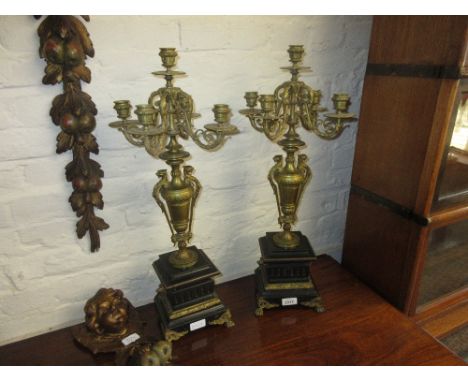Pair of 19th Century French gilt brass and black slate five light candelabra