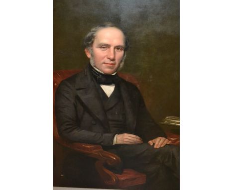 19th Century English school, oil on canvas, portrait of a Victorian gentleman seated in a button upholstered library chair, 1